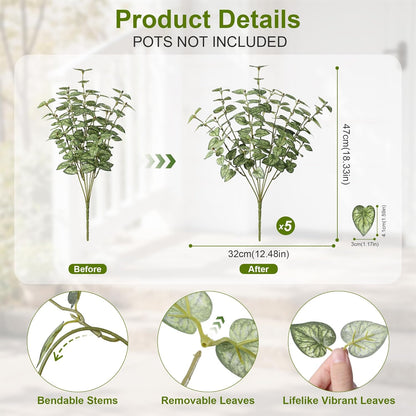 Artificial Plants Outdoor UV Resistant 5 Pcs (Green) | Faux Greenery Plants Outdoor Silk Plants with Stems, Fake Plants for Outside Planter Front Porch Patio Pathway Decoration