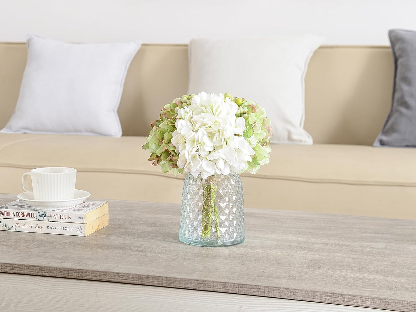 Hydrangeas Floral Arrangement in Glass Vase; Fake Flowers Blue | Silk Hydrangea Artificial Flowers with Vase; Realistic Faux Flowers Bouquet; Wedding Bride Shower;Blessing Gift, Home Decor