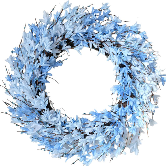 26 Inch Forsythia Spring Wreath for Front Door, Large Spring Summer Floral Wreath, Artificial Spring Door Wreaths All Season for Porch, Wall, Window, Farmhouse Decor (White)