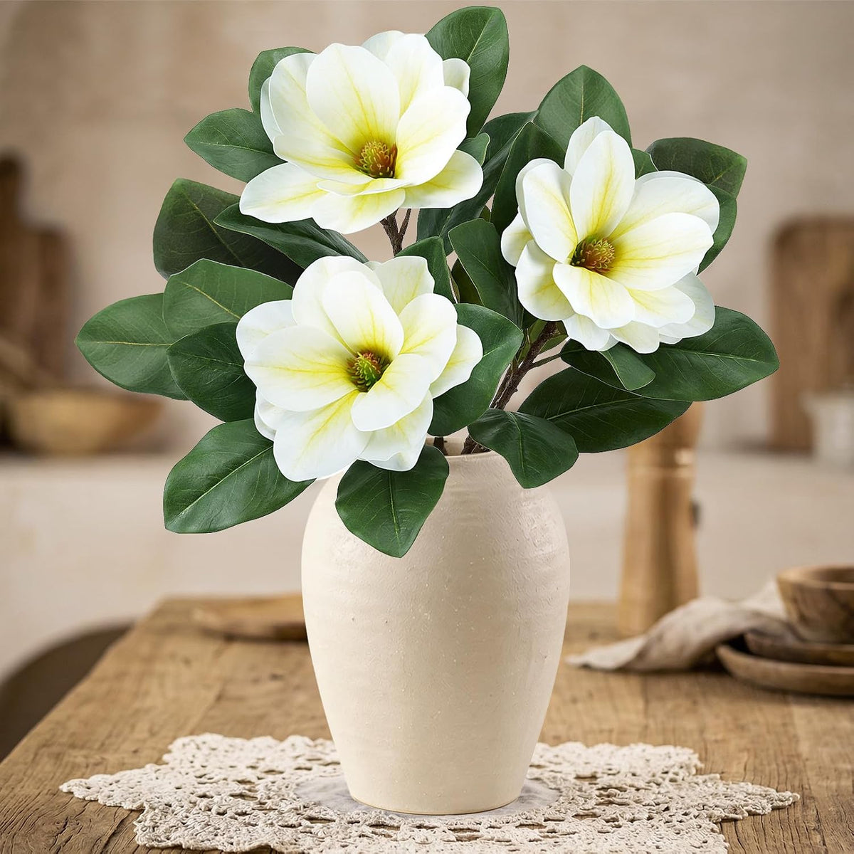 Realistic Artificial Magnolia Flowers Branch, 20.5 inch Tall