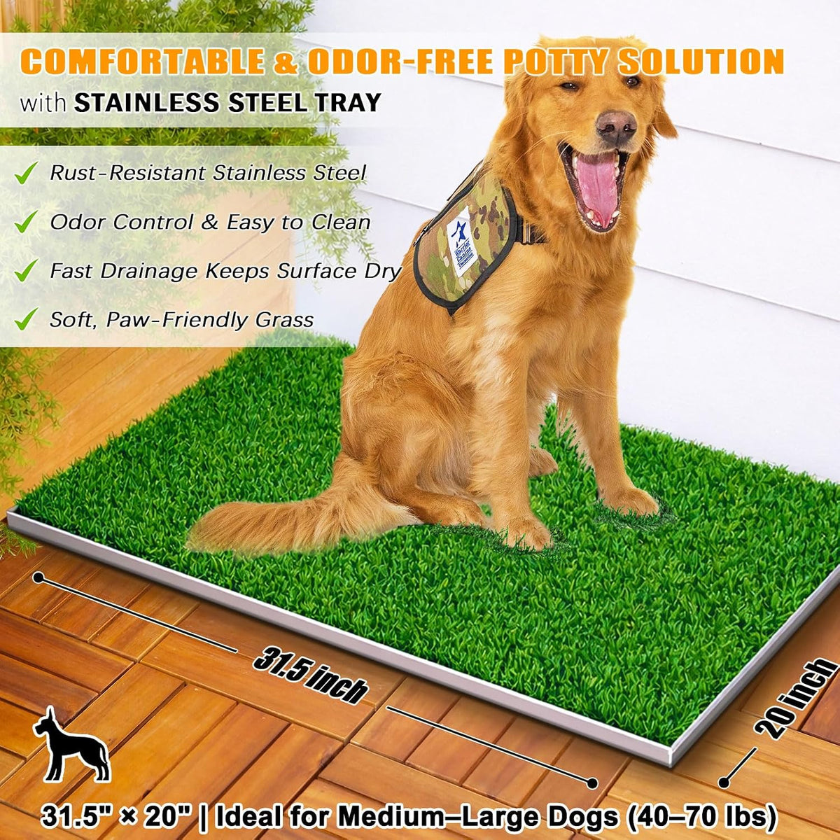DDog Grass Pee Pad with Stainless Steel Tray, Odor-Free Drainage System, Reusable Artificial Grass Dog Potty for Indoor Apartment Balcony Puppy Training