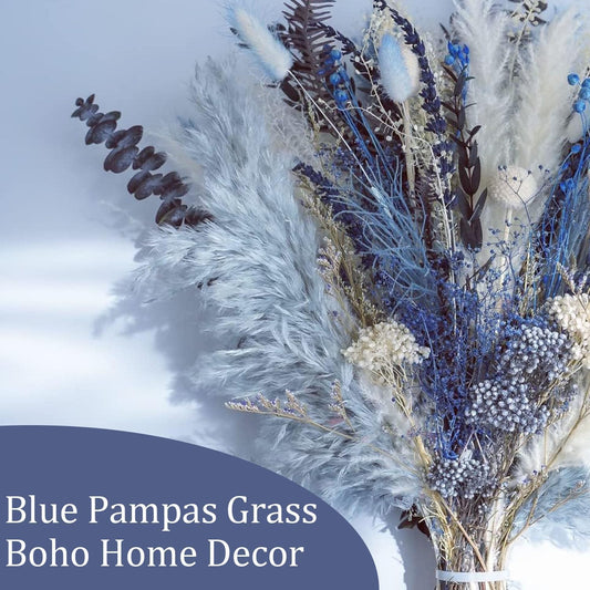 Natural Dried Pampas Grass Bouquet(No vase),Dried Flowers Pampas Grass Decor for Vase, Blue Pampas Grass Boho Home Decor Table Centerpiece Decor, Dried Flower Arrangement for Wedding Decor