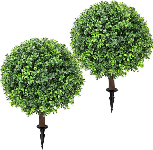 Set of 2 Artificial Red Eucalyptus Topiary Ball Tree,24" with Ground Spike