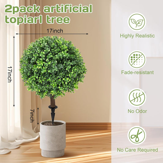 Set of 2 Artificial Red Eucalyptus Topiary Ball Tree,24" with Ground Spike