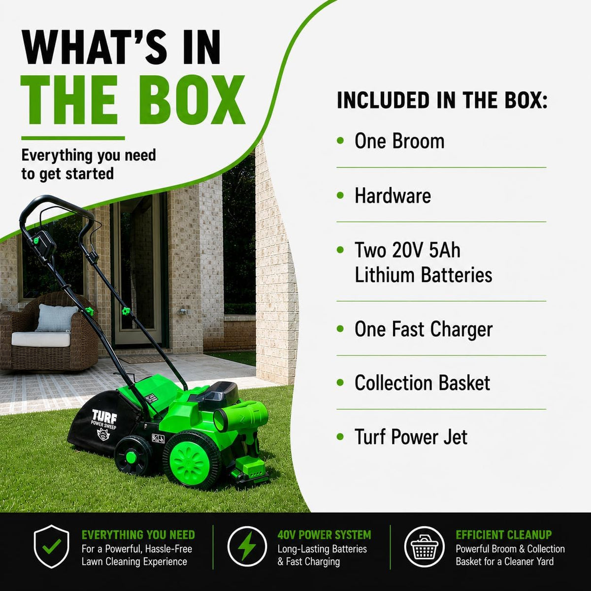 Turf Power Sweep™ MAX + Turf Power Jet™ 40V Cordless Artificial Turf Sweeper & Blower Combo Lifts Flattened Fibers, Removes Debris & Pet Hair