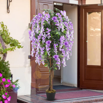 Thiccywoov 2 Pack 5ft Artificial Wisteria Tree Tall Fake Tree with Cement Base Pot Faux Floor Plant Decoration for Indoor Outdoor Home Office Housewarming Gift(Rosy Pink)