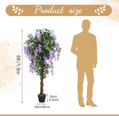 Thiccywoov 2 Pack 5ft Artificial Wisteria Tree Tall Fake Tree with Cement Base Pot Faux Floor Plant Decoration for Indoor Outdoor Home Office Housewarming Gift(Rosy Pink)