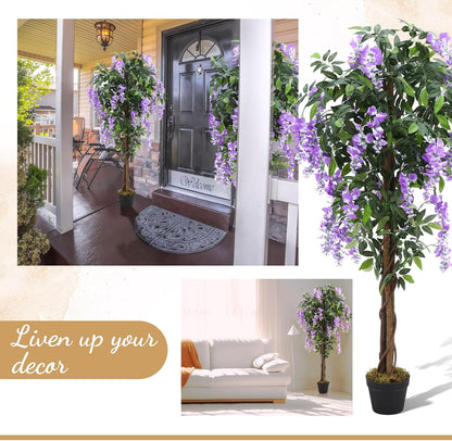 Thiccywoov 2 Pack 5ft Artificial Wisteria Tree Tall Fake Tree with Cement Base Pot Faux Floor Plant Decoration for Indoor Outdoor Home Office Housewarming Gift(Rosy Pink)