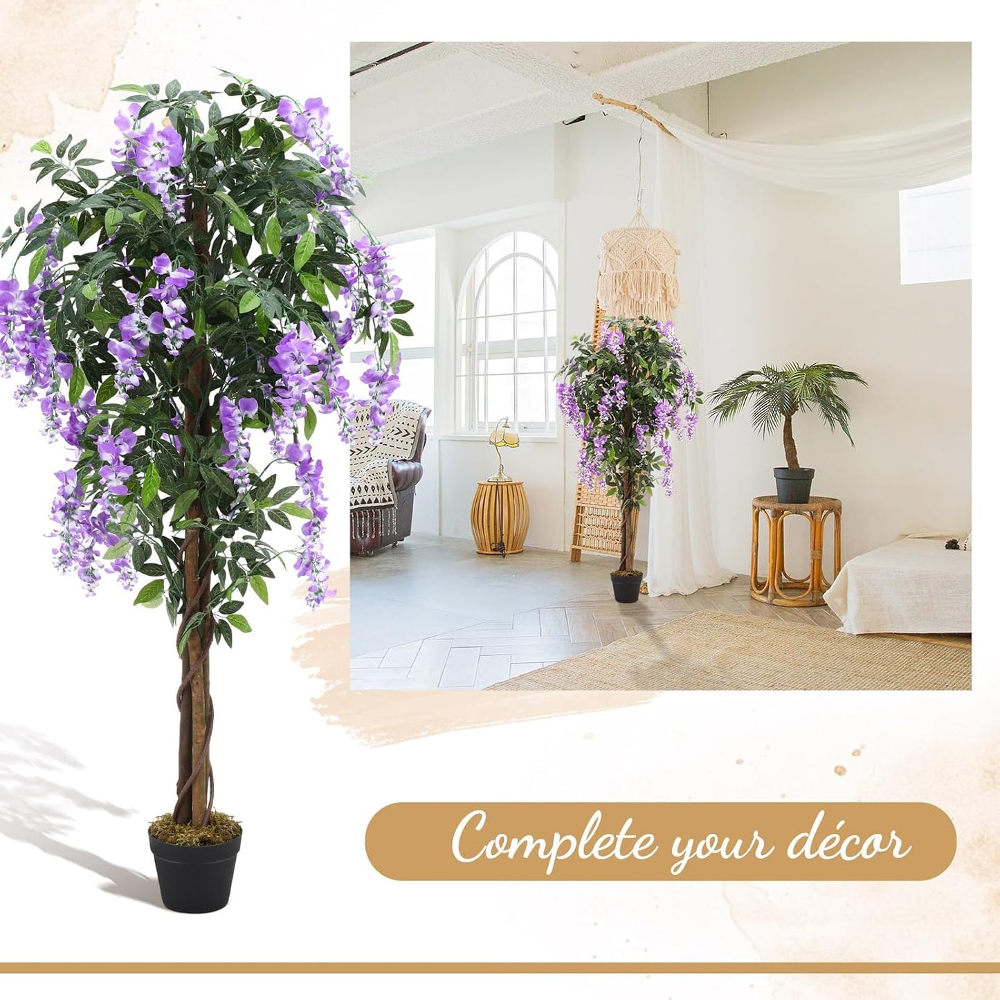 Thiccywoov 2 Pack 5ft Artificial Wisteria Tree Tall Fake Tree with Cement Base Pot Faux Floor Plant Decoration for Indoor Outdoor Home Office Housewarming Gift(Rosy Pink)