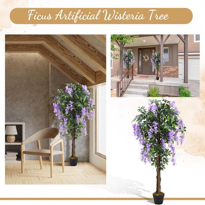 Thiccywoov 2 Pack 5ft Artificial Wisteria Tree Tall Fake Tree with Cement Base Pot Faux Floor Plant Decoration for Indoor Outdoor Home Office Housewarming Gift(Rosy Pink)