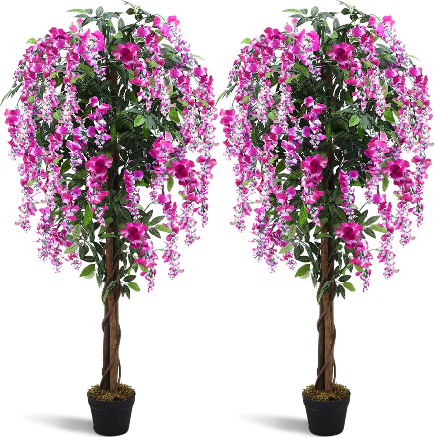 Thiccywoov 2 Pack 5ft Artificial Wisteria Tree Tall Fake Tree with Cement Base Pot Faux Floor Plant Decoration for Indoor Outdoor Home Office Housewarming Gift(Rosy Pink)