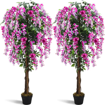 Thiccywoov 2 Pack 5ft Artificial Wisteria Tree Tall Fake Tree with Cement Base Pot Faux Floor Plant Decoration for Indoor Outdoor Home Office Housewarming Gift(Rosy Pink)
