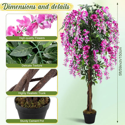 Thiccywoov 2 Pack 5ft Artificial Wisteria Tree Tall Fake Tree with Cement Base Pot Faux Floor Plant Decoration for Indoor Outdoor Home Office Housewarming Gift(Rosy Pink)