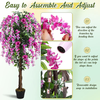 Thiccywoov 2 Pack 5ft Artificial Wisteria Tree Tall Fake Tree with Cement Base Pot Faux Floor Plant Decoration for Indoor Outdoor Home Office Housewarming Gift(Rosy Pink)