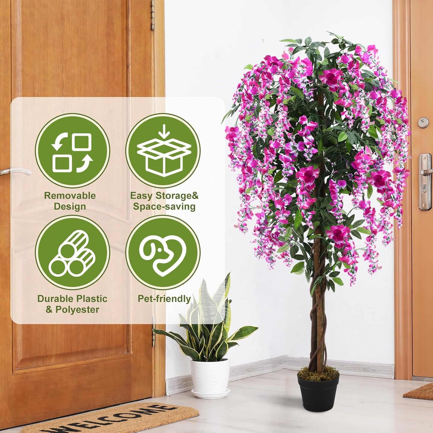Thiccywoov 2 Pack 5ft Artificial Wisteria Tree Tall Fake Tree with Cement Base Pot Faux Floor Plant Decoration for Indoor Outdoor Home Office Housewarming Gift(Rosy Pink)