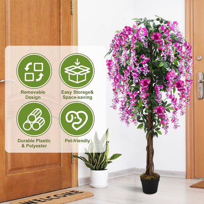 Thiccywoov 2 Pack 5ft Artificial Wisteria Tree Tall Fake Tree with Cement Base Pot Faux Floor Plant Decoration for Indoor Outdoor Home Office Housewarming Gift(Rosy Pink)