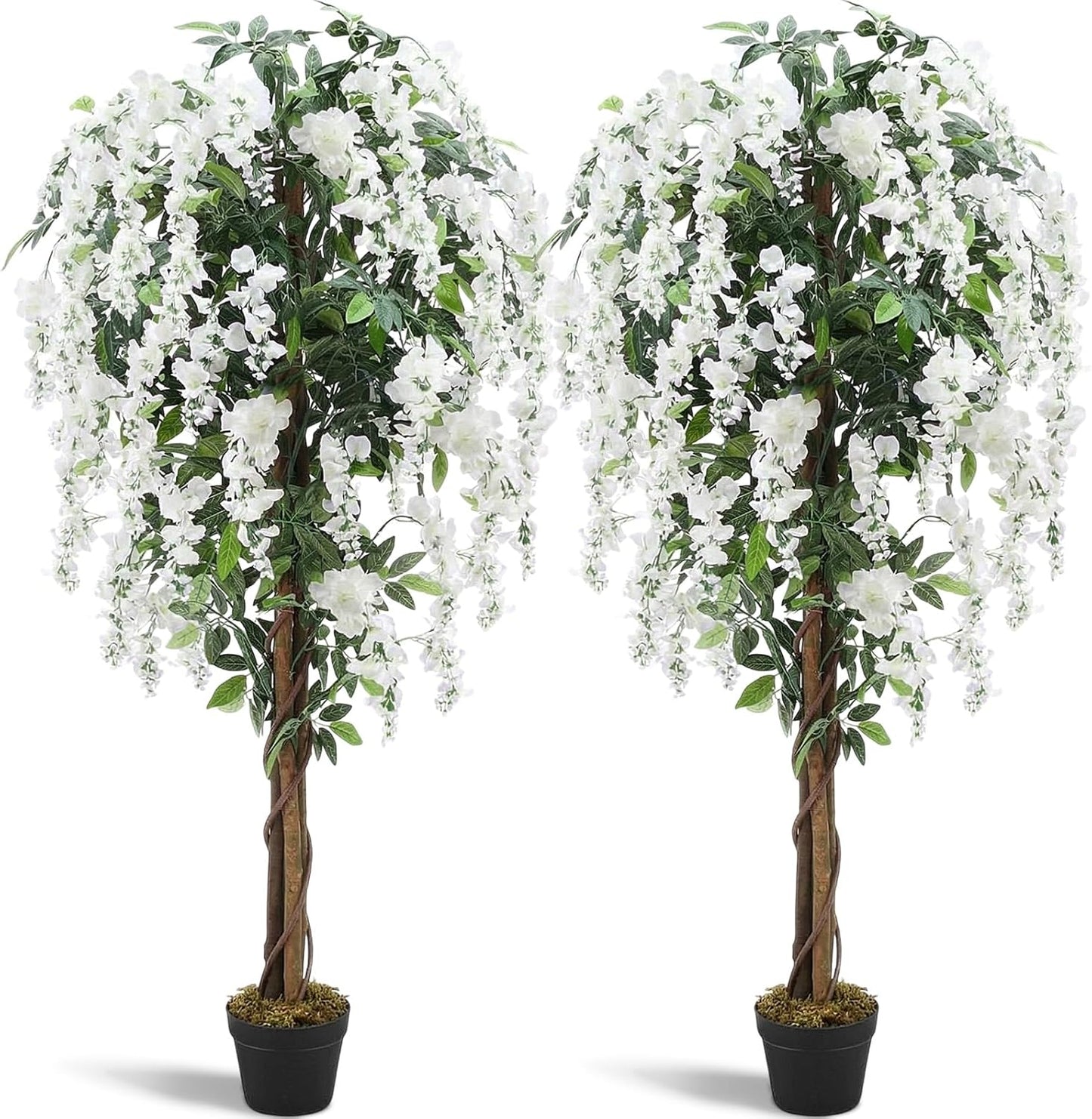 Thiccywoov 2 Pack 5ft Artificial Wisteria Tree Tall Fake Tree with Cement Base Pot Faux Floor Plant Decoration for Indoor Outdoor Home Office Housewarming Gift(Rosy Pink)