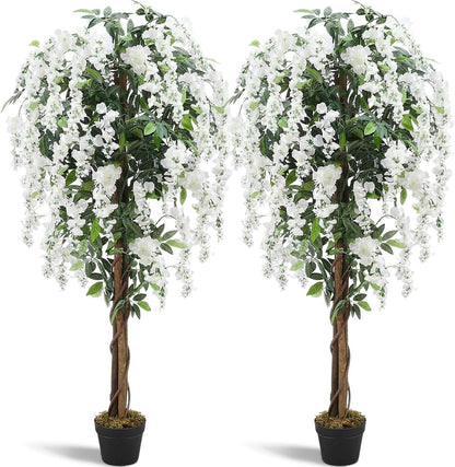 Thiccywoov 2 Pack 5ft Artificial Wisteria Tree Tall Fake Tree with Cement Base Pot Faux Floor Plant Decoration for Indoor Outdoor Home Office Housewarming Gift(Rosy Pink)