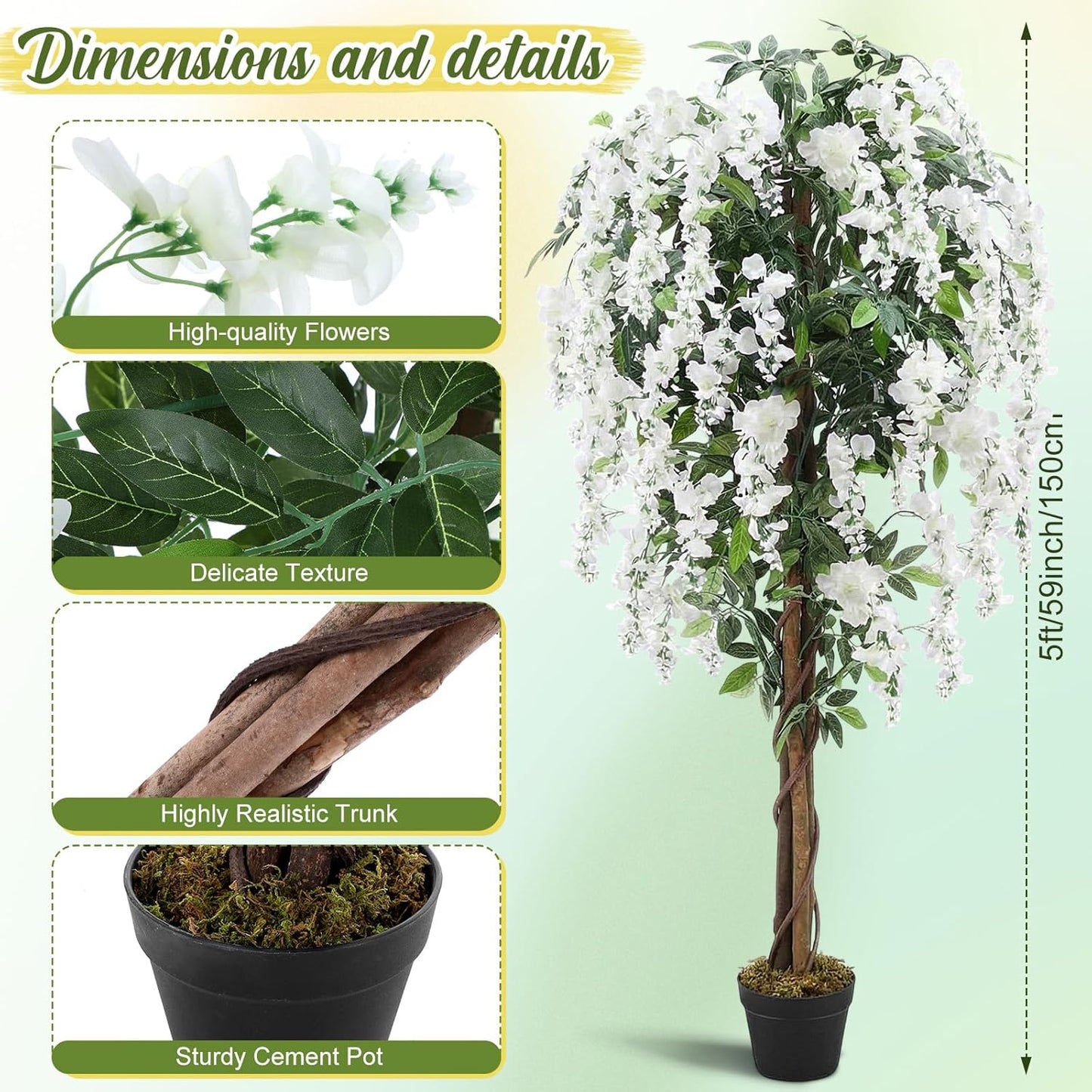 Thiccywoov 2 Pack 5ft Artificial Wisteria Tree Tall Fake Tree with Cement Base Pot Faux Floor Plant Decoration for Indoor Outdoor Home Office Housewarming Gift(Rosy Pink)