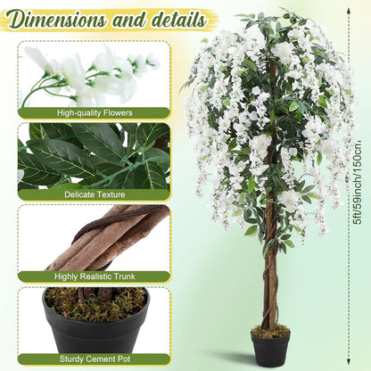 Thiccywoov 2 Pack 5ft Artificial Wisteria Tree Tall Fake Tree with Cement Base Pot Faux Floor Plant Decoration for Indoor Outdoor Home Office Housewarming Gift(Rosy Pink)