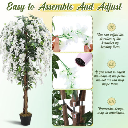 Thiccywoov 2 Pack 5ft Artificial Wisteria Tree Tall Fake Tree with Cement Base Pot Faux Floor Plant Decoration for Indoor Outdoor Home Office Housewarming Gift(Rosy Pink)