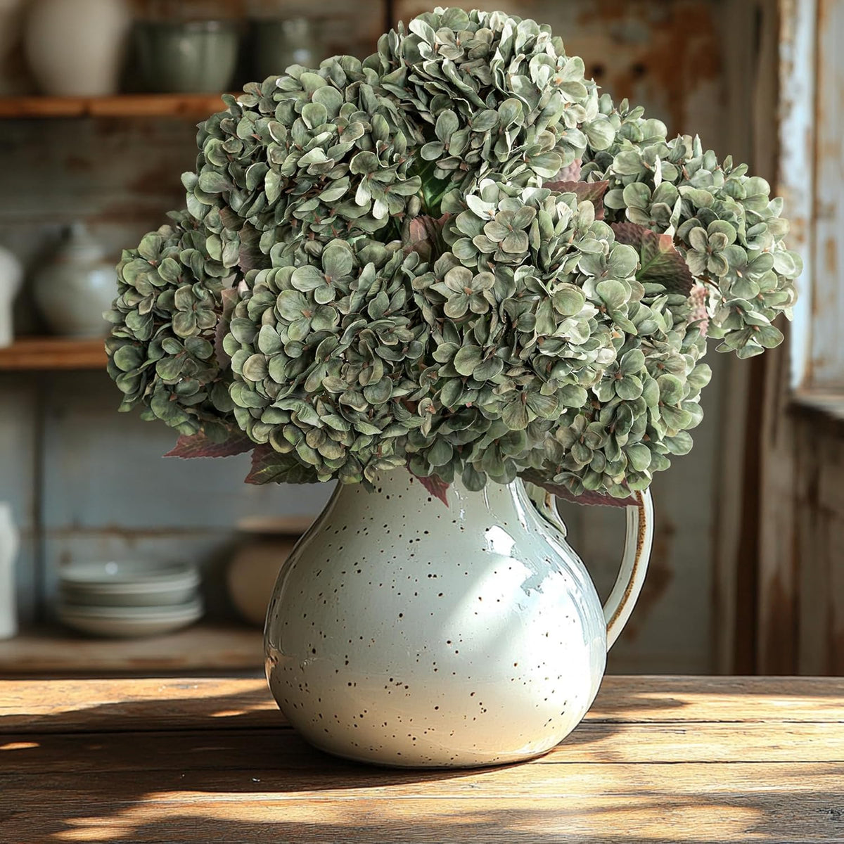 Hydrangea Artificial Flowers,Green Artificial Flower Fake Silk Hydrangea, Heads Bouquet with Stems Bulk for Fall Decoration Table Center Indoor Outdoor Faux Floral Plants 8pcs (Green)