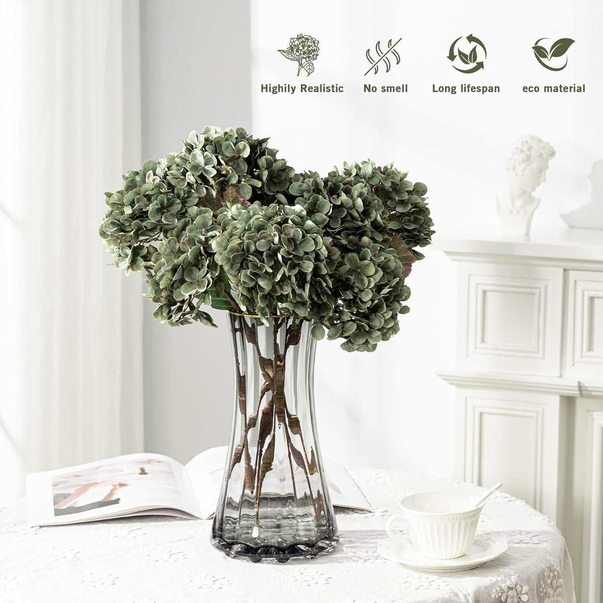 Hydrangea Artificial Flowers,Green Artificial Flower Fake Silk Hydrangea, Heads Bouquet with Stems Bulk for Fall Decoration Table Center Indoor Outdoor Faux Floral Plants 8pcs (Green)