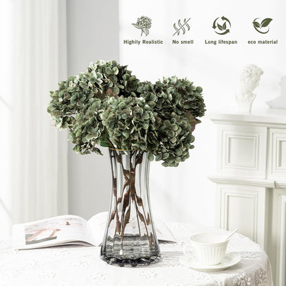 Hydrangea Artificial Flowers,Green Artificial Flower Fake Silk Hydrangea, Heads Bouquet with Stems Bulk for Fall Decoration Table Center Indoor Outdoor Faux Floral Plants 8pcs (Green)