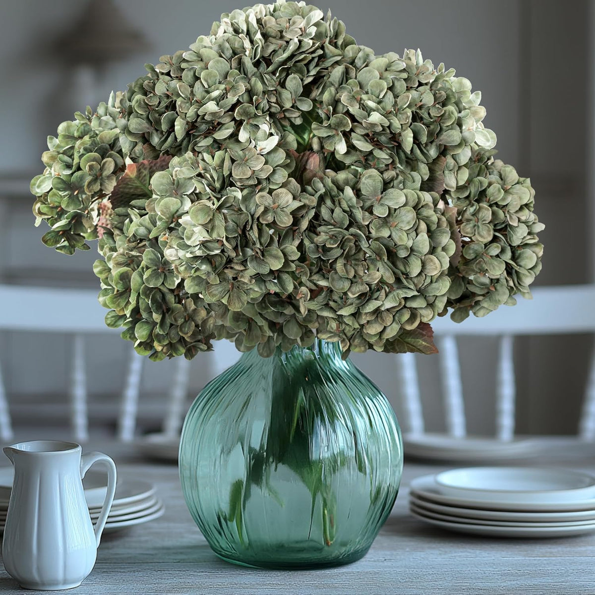Hydrangea Artificial Flowers,Green Artificial Flower Fake Silk Hydrangea, Heads Bouquet with Stems Bulk for Fall Decoration Table Center Indoor Outdoor Faux Floral Plants 8pcs (Green)