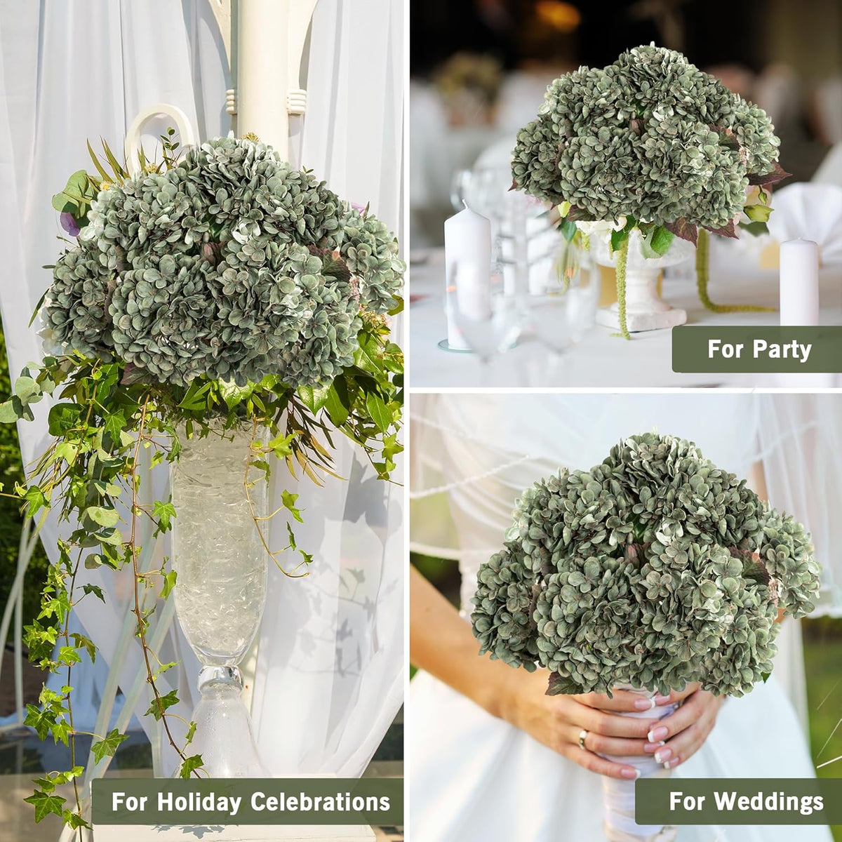 Hydrangea Artificial Flowers,Green Artificial Flower Fake Silk Hydrangea, Heads Bouquet with Stems Bulk for Fall Decoration Table Center Indoor Outdoor Faux Floral Plants 8pcs (Green)