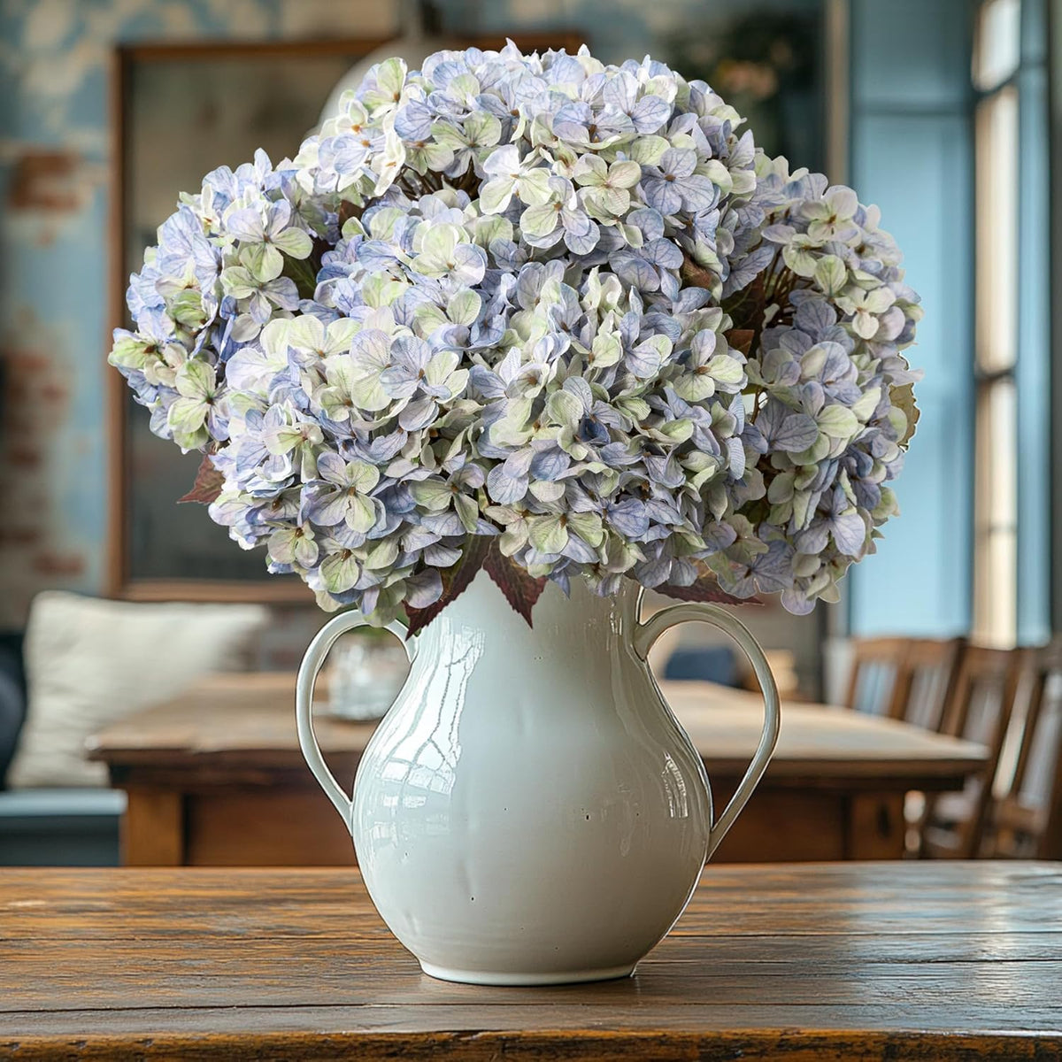 Hydrangea Artificial Flowers,Green Artificial Flower Fake Silk Hydrangea, Heads Bouquet with Stems Bulk for Fall Decoration Table Center Indoor Outdoor Faux Floral Plants 8pcs (Green)