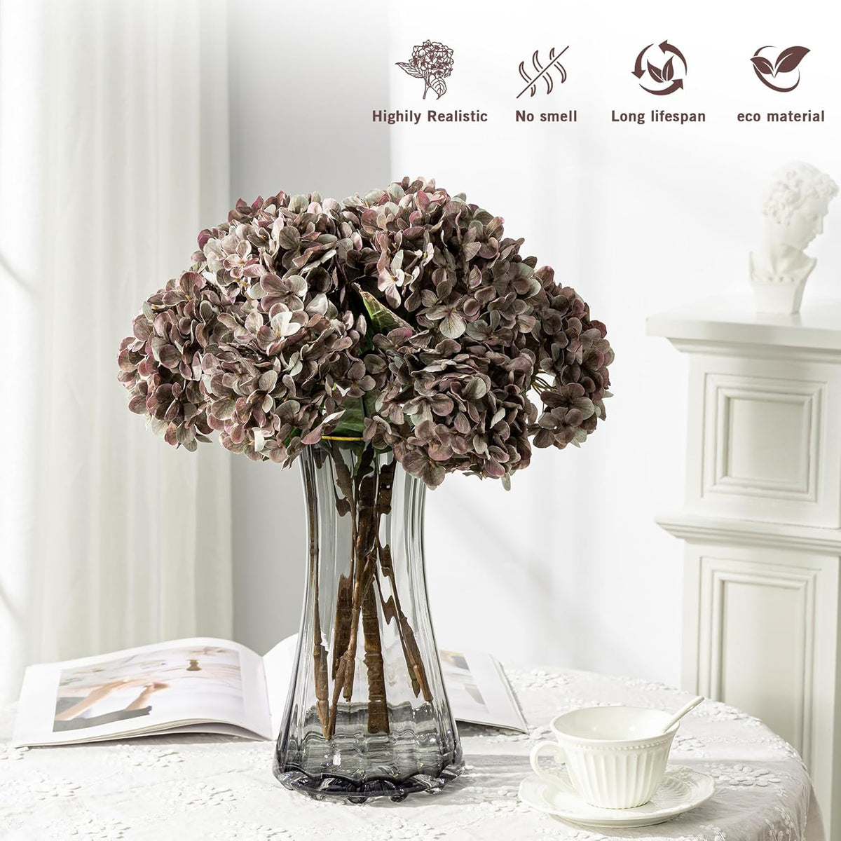 Hydrangea Artificial Flowers,Green Artificial Flower Fake Silk Hydrangea, Heads Bouquet with Stems Bulk for Fall Decoration Table Center Indoor Outdoor Faux Floral Plants 8pcs (Green)