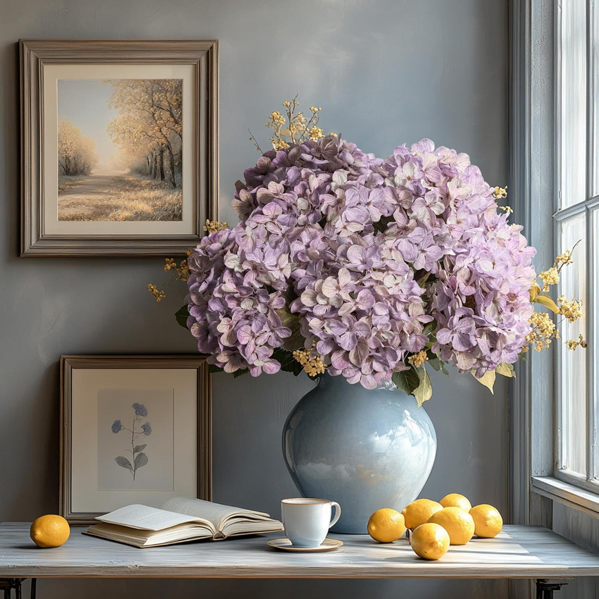 Hydrangea Artificial Flowers,Green Artificial Flower Fake Silk Hydrangea, Heads Bouquet with Stems Bulk for Fall Decoration Table Center Indoor Outdoor Faux Floral Plants 8pcs (Green)