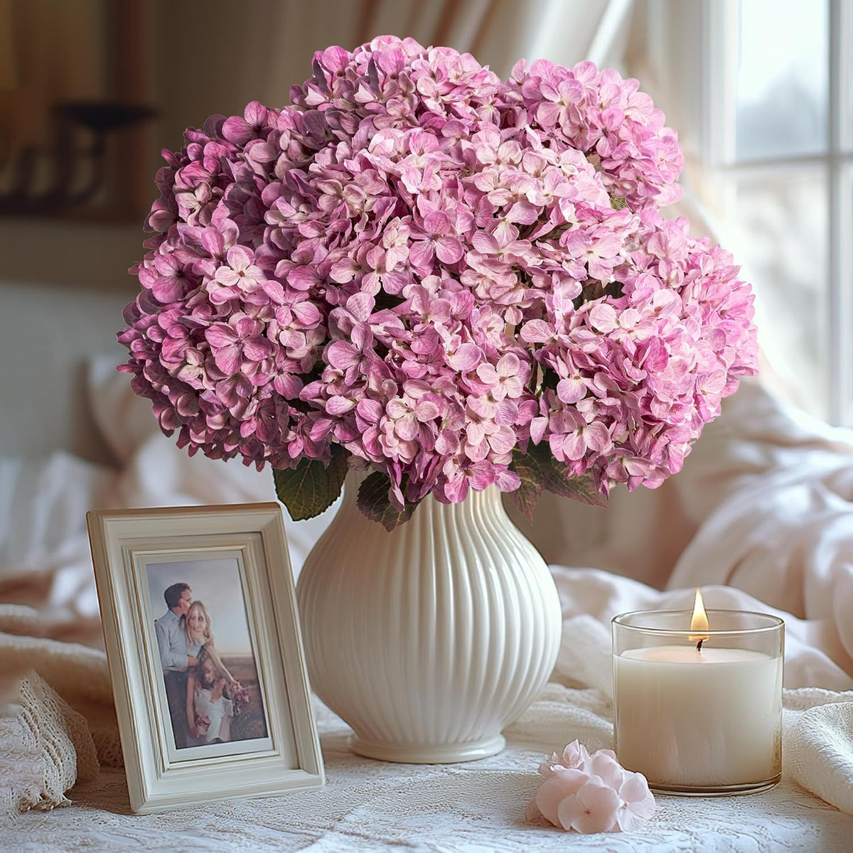 Hydrangea Artificial Flowers,Green Artificial Flower Fake Silk Hydrangea, Heads Bouquet with Stems Bulk for Fall Decoration Table Center Indoor Outdoor Faux Floral Plants 8pcs (Green)