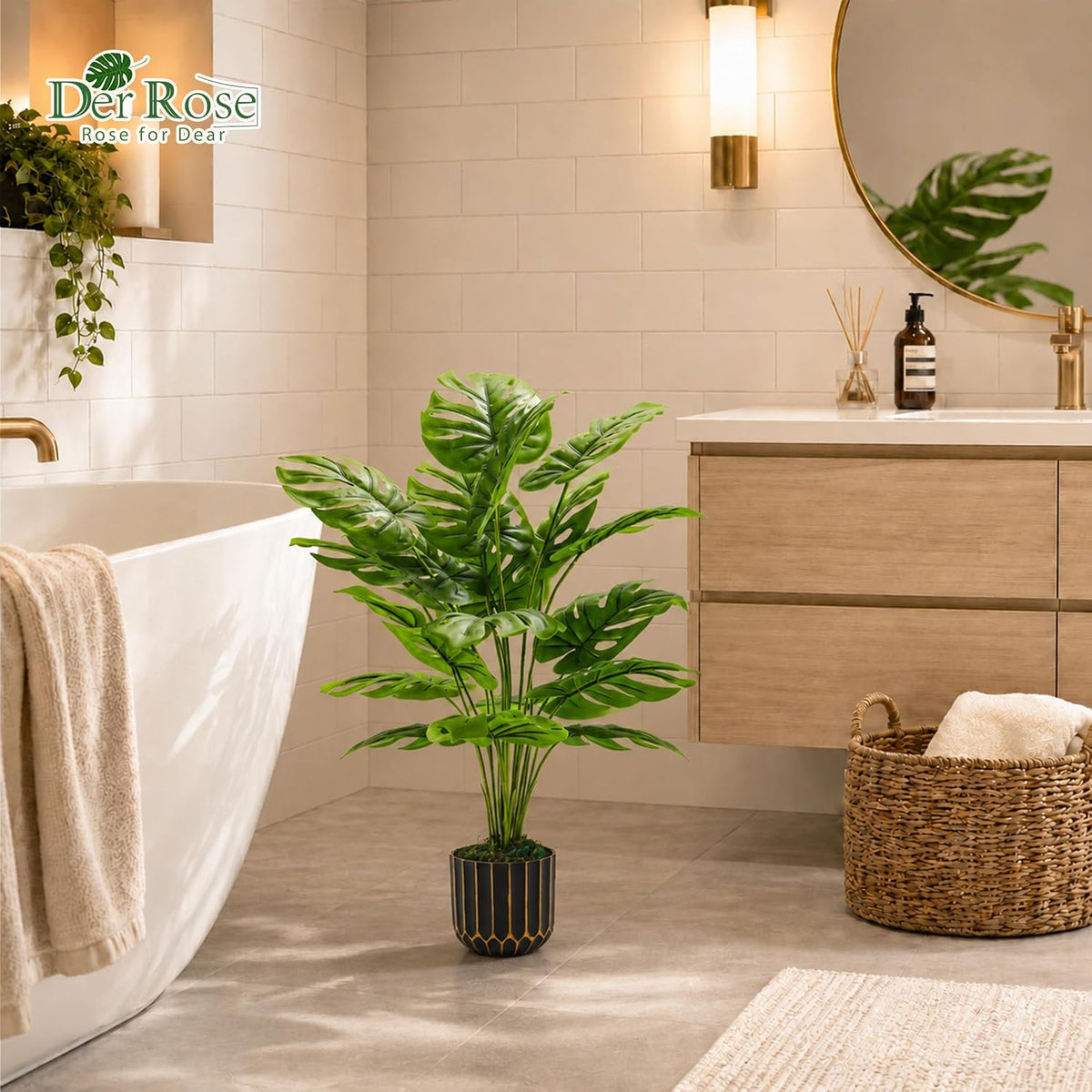 28" Fake Plants, Monstera Plant in Black Gold Pot for Home Decor | Artificial plants indoor add refined tropical greenery to modern offices, elegant entryways, reception areas and house decor