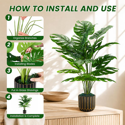 28" Fake Plants, Monstera Plant in Black Gold Pot for Home Decor | Artificial plants indoor add refined tropical greenery to modern offices, elegant entryways, reception areas and house decor