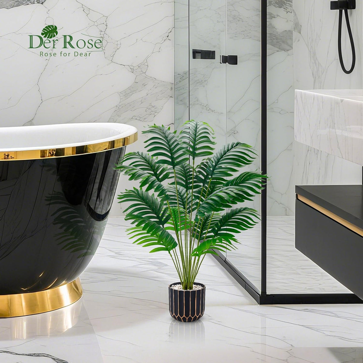 28" Fake Plants, Monstera Plant in Black Gold Pot for Home Decor | Artificial plants indoor add refined tropical greenery to modern offices, elegant entryways, reception areas and house decor
