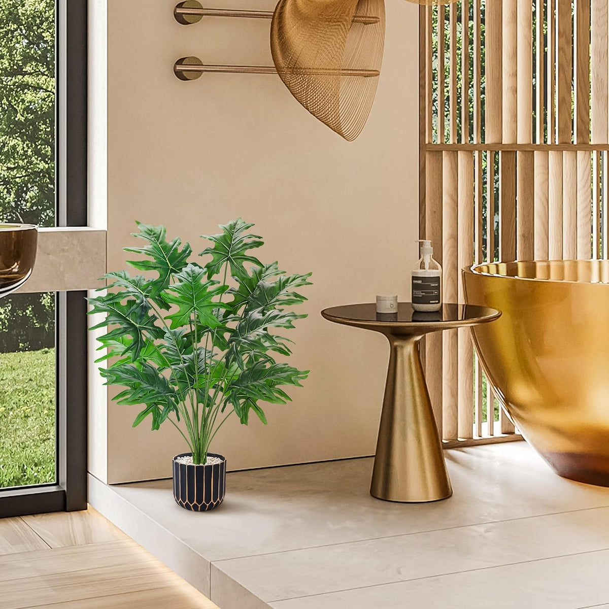 28" Fake Plants, Monstera Plant in Black Gold Pot for Home Decor | Artificial plants indoor add refined tropical greenery to modern offices, elegant entryways, reception areas and house decor