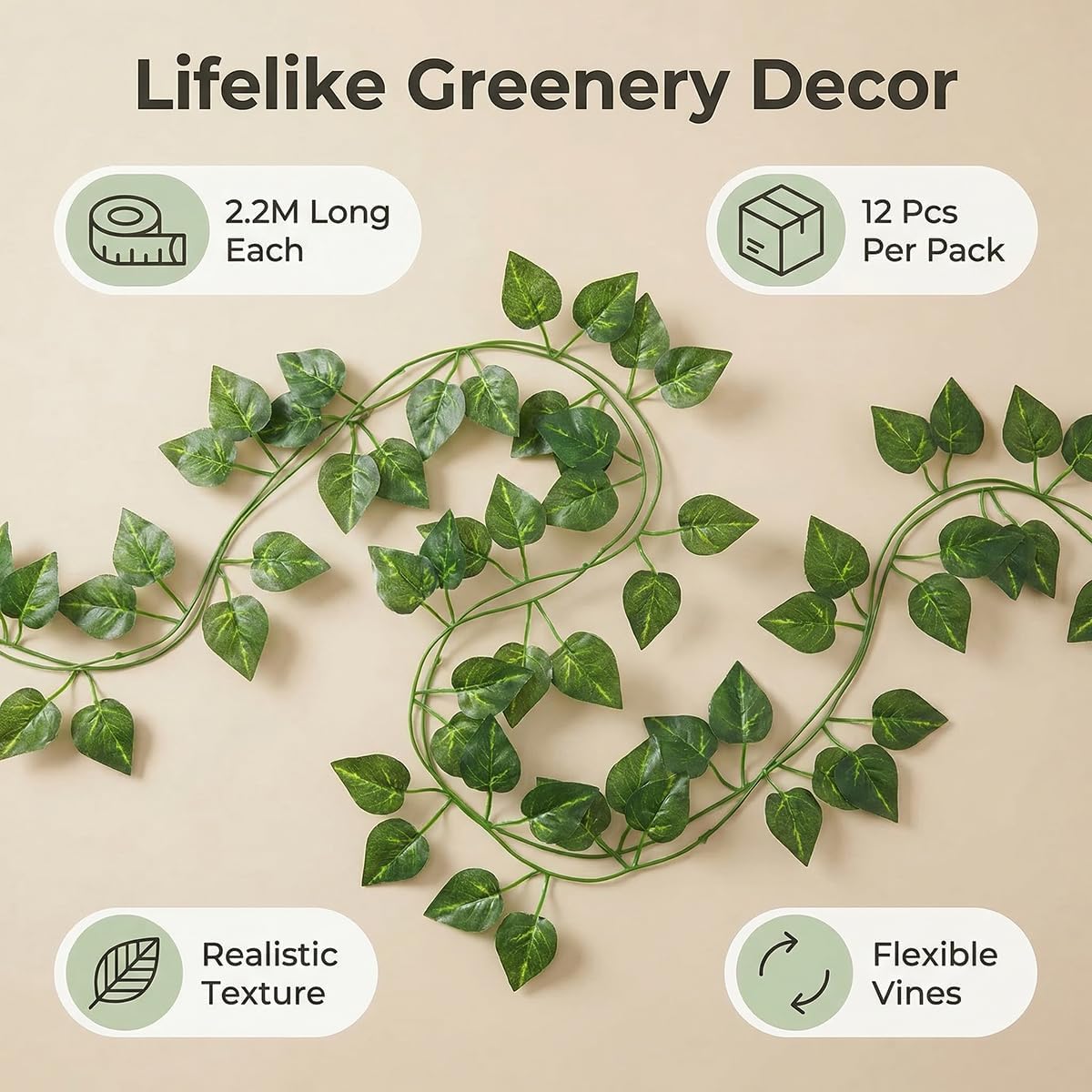 Epipremnum Aureum Leaves, Green Vines Fake Plant Vine Leaves, Hanging Fake Vine Leaves, Home Kitchen Garden Office Wedding Wall Decor (Pack of 12 86 Inch Fake Plants)