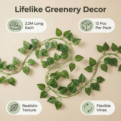 Epipremnum Aureum Leaves, Green Vines Fake Plant Vine Leaves, Hanging Fake Vine Leaves, Home Kitchen Garden Office Wedding Wall Decor (Pack of 12 86 Inch Fake Plants)