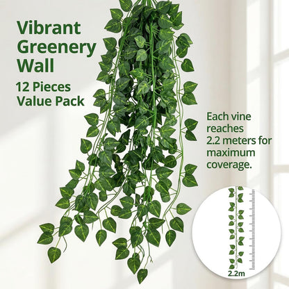 Epipremnum Aureum Leaves, Green Vines Fake Plant Vine Leaves, Hanging Fake Vine Leaves, Home Kitchen Garden Office Wedding Wall Decor (Pack of 12 86 Inch Fake Plants)