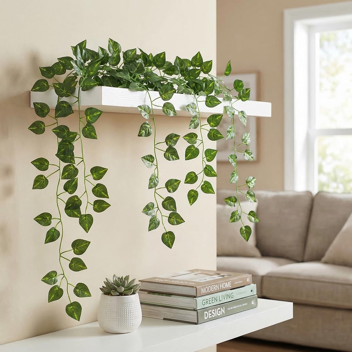 Epipremnum Aureum Leaves, Green Vines Fake Plant Vine Leaves, Hanging Fake Vine Leaves, Home Kitchen Garden Office Wedding Wall Decor (Pack of 12 86 Inch Fake Plants)