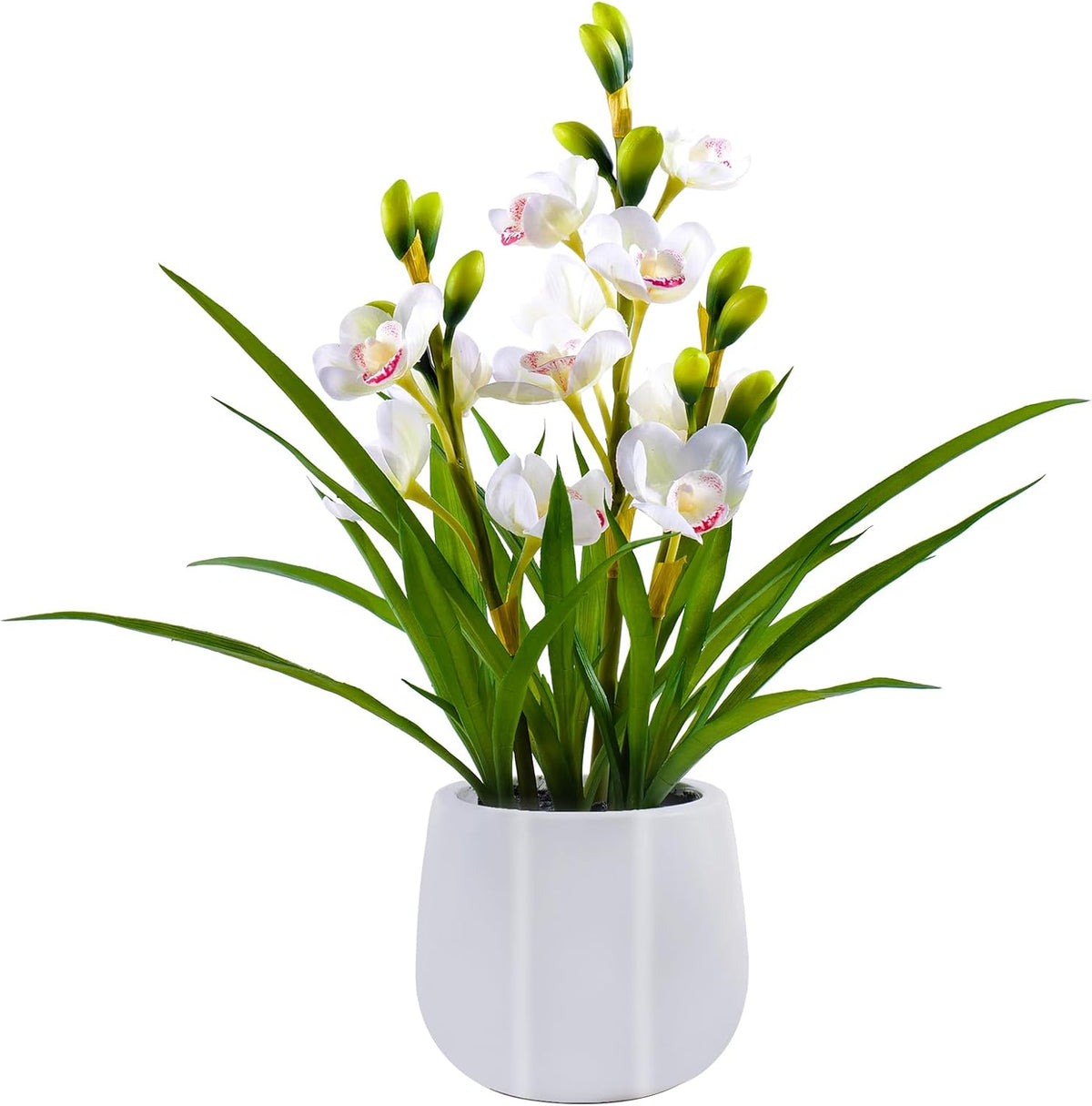 Faux Orchid Plant 19" Tall, Realistic Touch Leaves, Potted Cymbidium Artificial Plants Indoor for Home Decor Small Office Home Living Room-White