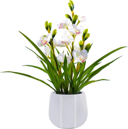 Faux Orchid Plant 19" Tall, Realistic Touch Leaves, Potted Cymbidium Artificial Plants Indoor for Home Decor Small Office Home Living Room-White