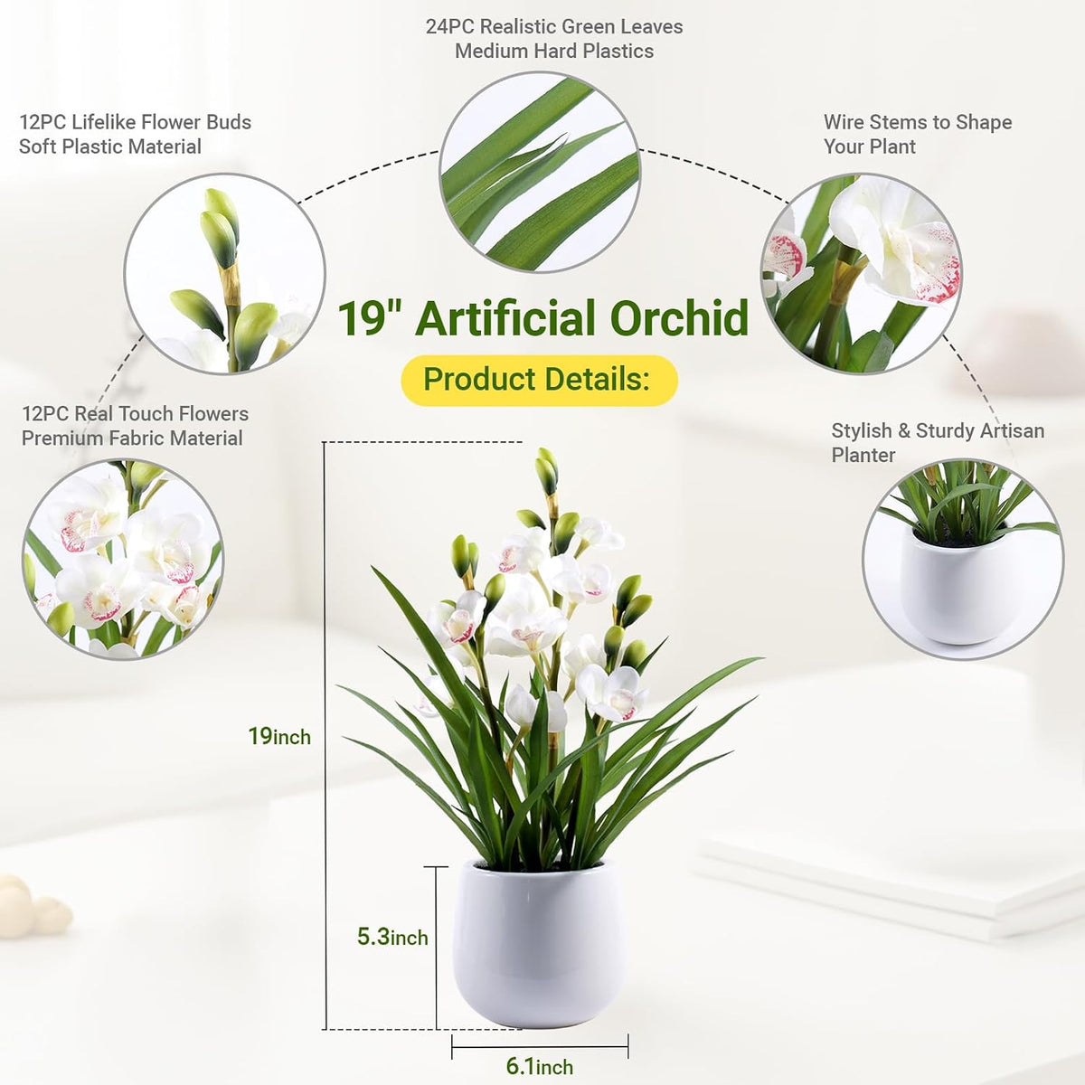Faux Orchid Plant 19" Tall, Realistic Touch Leaves, Potted Cymbidium Artificial Plants Indoor for Home Decor Small Office Home Living Room-White