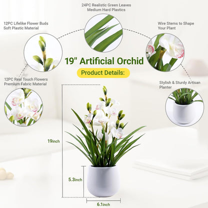 Faux Orchid Plant 19" Tall, Realistic Touch Leaves, Potted Cymbidium Artificial Plants Indoor for Home Decor Small Office Home Living Room-White