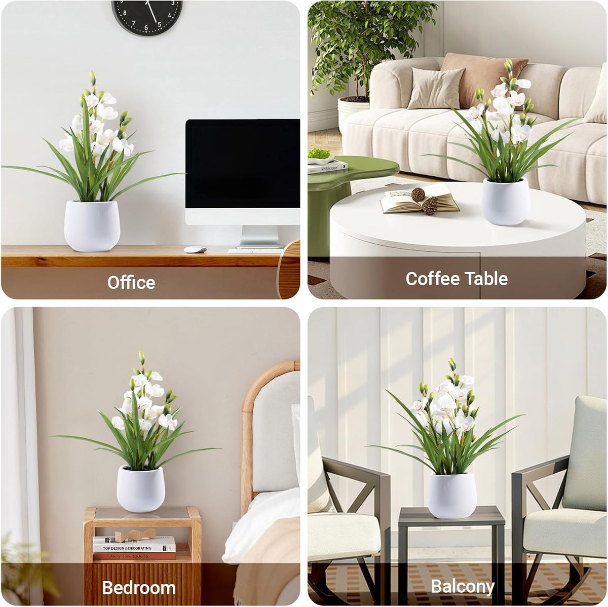 Faux Orchid Plant 19" Tall, Realistic Touch Leaves, Potted Cymbidium Artificial Plants Indoor for Home Decor Small Office Home Living Room-White