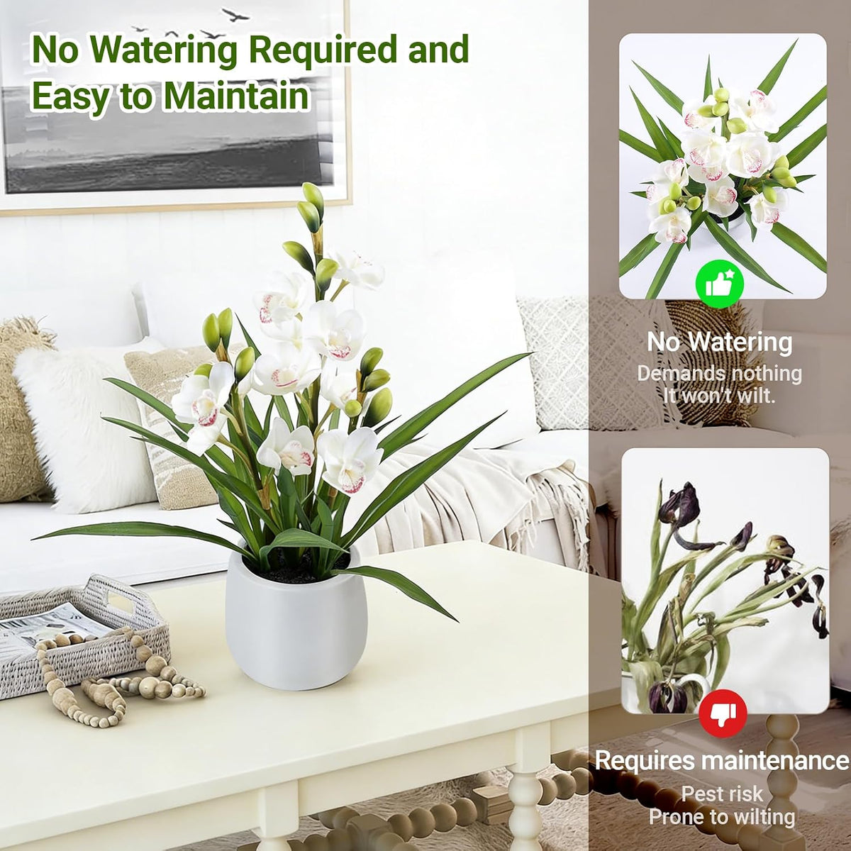 Faux Orchid Plant 19" Tall, Realistic Touch Leaves, Potted Cymbidium Artificial Plants Indoor for Home Decor Small Office Home Living Room-White