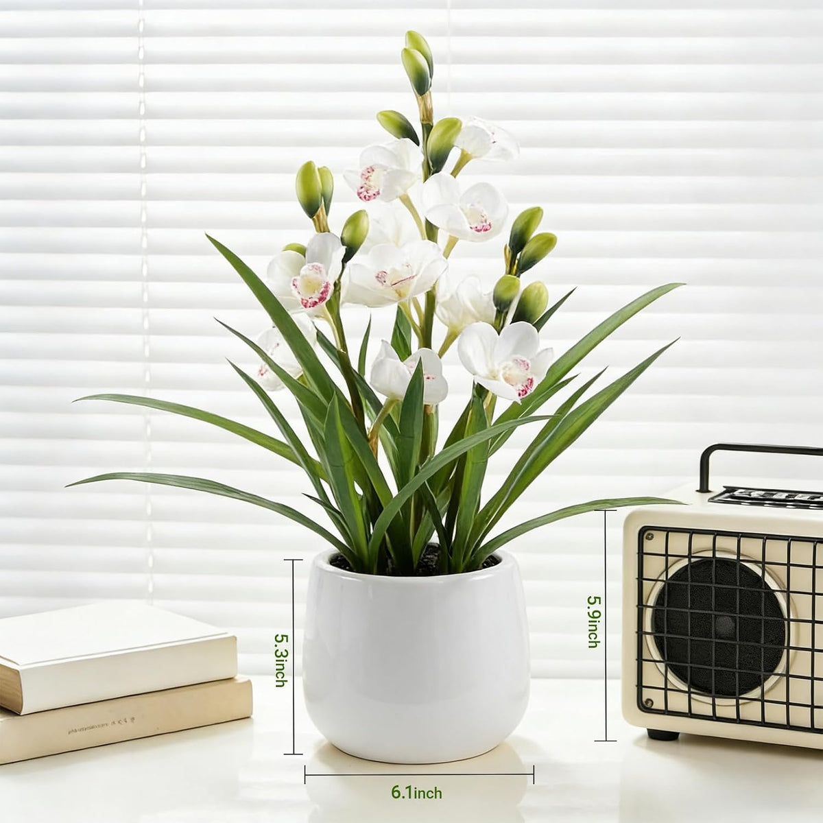 Faux Orchid Plant 19" Tall, Realistic Touch Leaves, Potted Cymbidium Artificial Plants Indoor for Home Decor Small Office Home Living Room-White