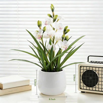 Faux Orchid Plant 19" Tall, Realistic Touch Leaves, Potted Cymbidium Artificial Plants Indoor for Home Decor Small Office Home Living Room-White